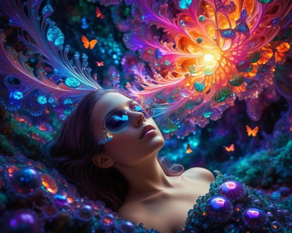 Serene Woman in a Vibrant, Dreamlike Landscape