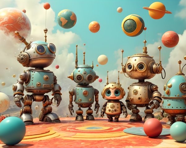 Vintage-style robots on a colorful platform in space