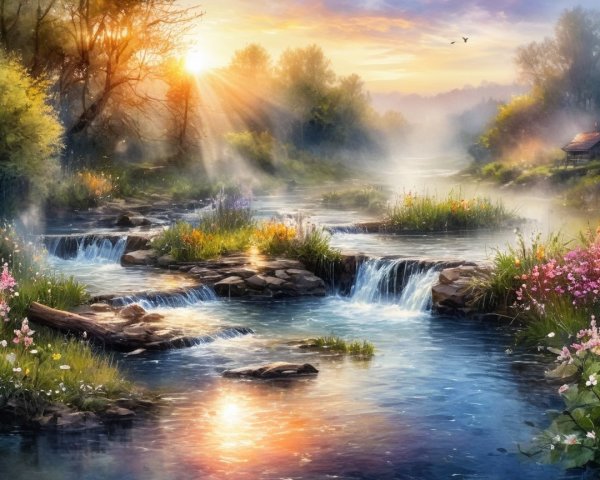 Serene Sunrise Landscape with Stream and Wildflowers