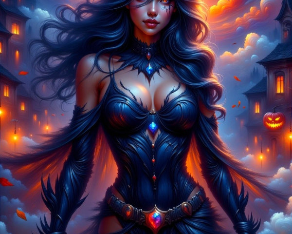 Mystical Figure in Dark Costume with Autumn Backdrop