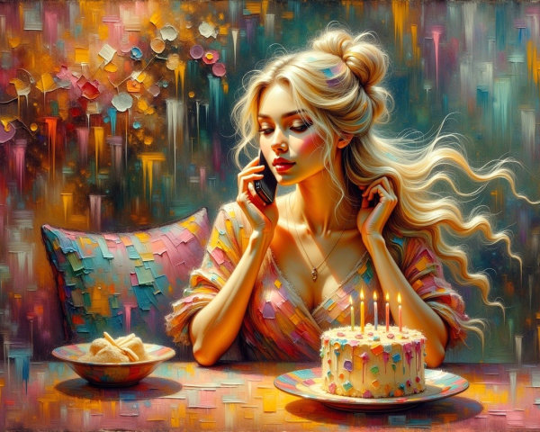 Young woman at colorful table with birthday cake