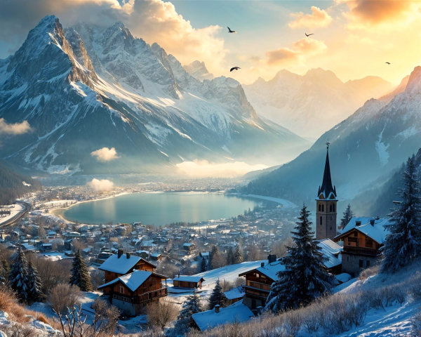Winter Landscape with Lake and Snow-Covered Chalets