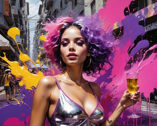 Young woman with colorful hair in vibrant street scene