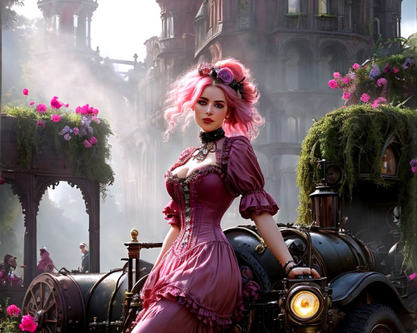 Woman in Pink Gown by Steampunk Vehicle and Flowers