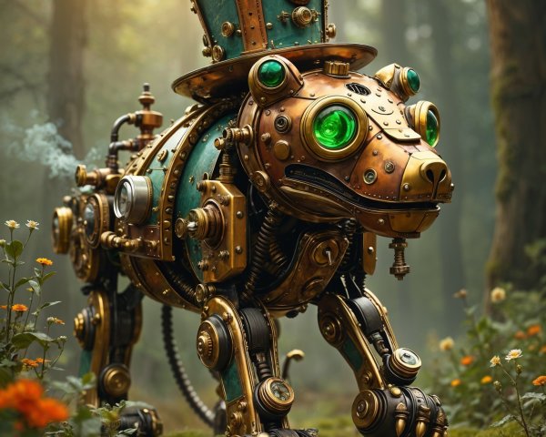 Steampunk Robotic Bear in Mystical Forest Setting