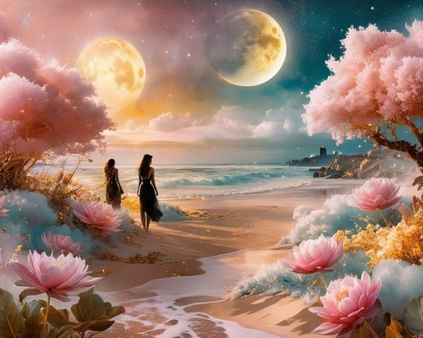 Surreal Twilight Landscape with Moons and Blossoms