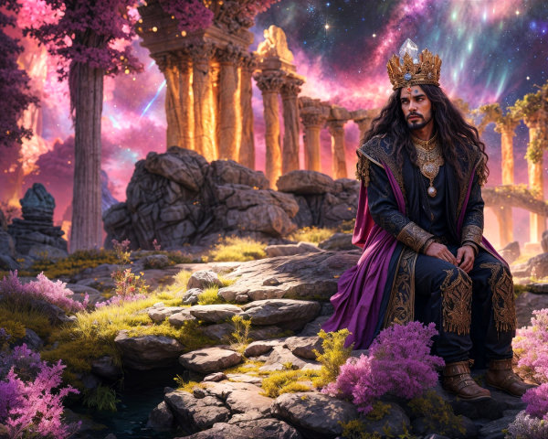 Regal Figure in Fantastical Landscape with Ruins
