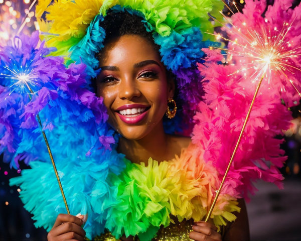 Vibrant celebration with woman in colorful feathered headdress