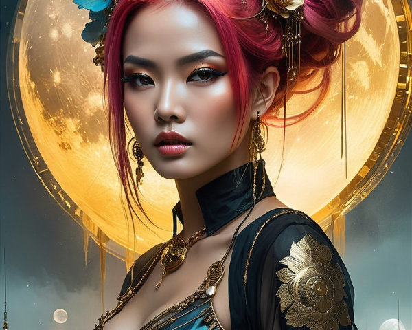 Female figure in mystical setting with luminous moon