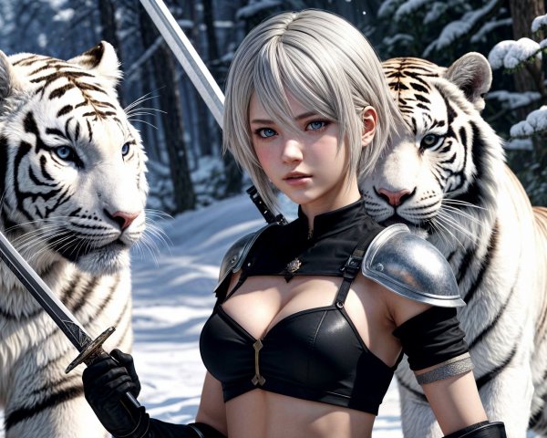 Young warrior with tigers in snowy forest scene