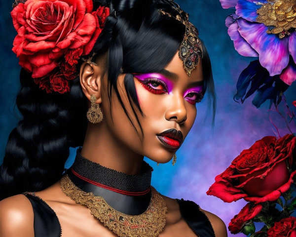 Portrait of a woman with red roses and bold makeup
