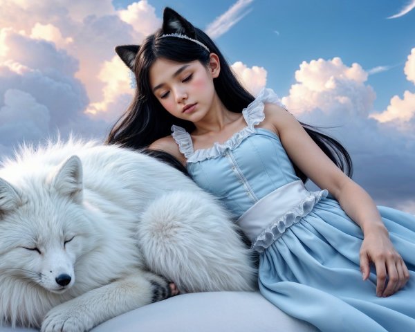Serene girl in blue dress with fox on soft cloud