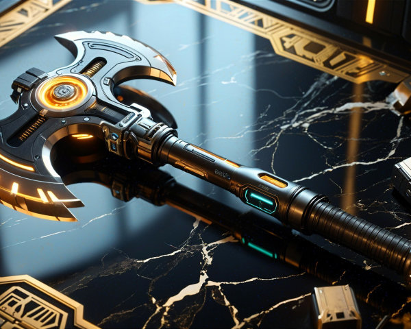 Futuristic High-Tech Battle Axe on Black Marble Surface