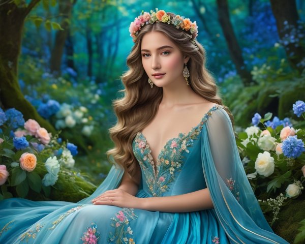 Young woman in enchanted forest with vibrant flowers