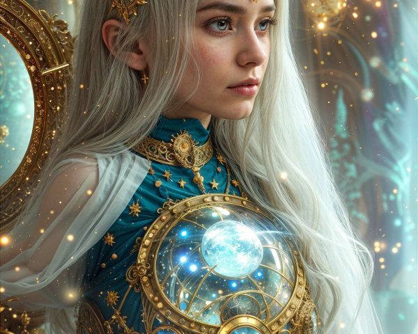 Mystical figure in teal gown with celestial orb