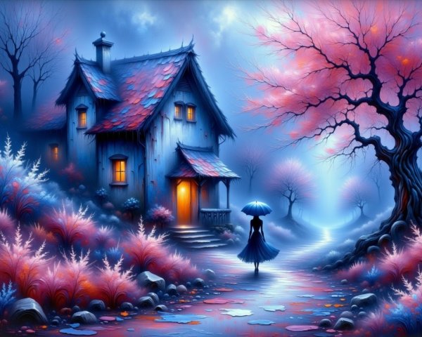 Enchanted house scene with vibrant foliage and mist