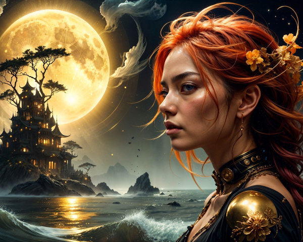 Portrait of a Young Woman with Orange Hair and Castle