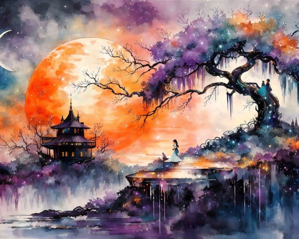 Dreamy Landscape with Sunset, Moon, and Pagoda