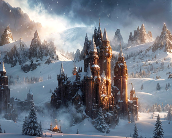 Majestic Castle in Snowy Mountain Landscape