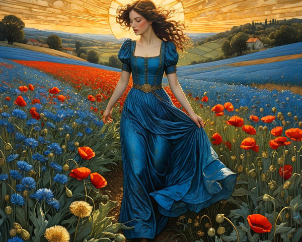 Woman in Blue Dress in Vibrant Flower Field