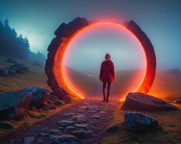 Lone Figure at Glowing Stone Archway in Misty Landscape