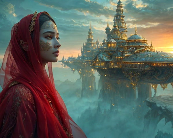 Young Woman in Red Garment Gazing at Floating City