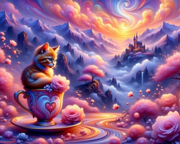 Fluffy Cat in Colorful Teacup with Dreamy Landscape