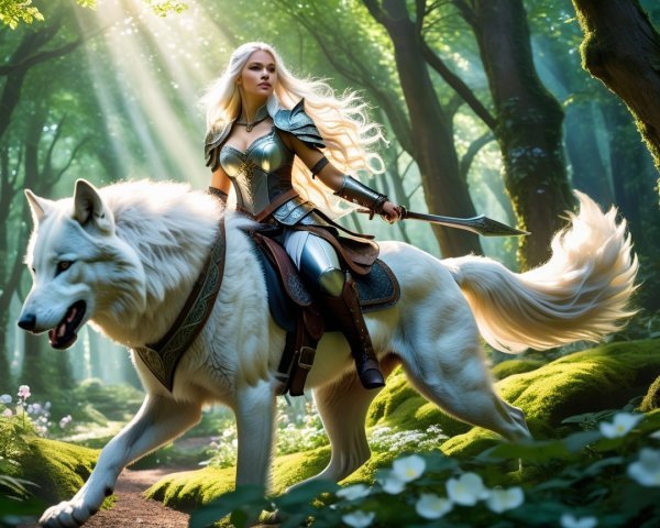 Warrior on White Wolf in Mystical Sunlit Forest