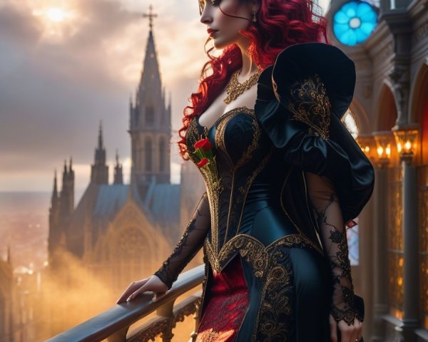 Regal Figure on Balcony Overlooking Golden Cityscape