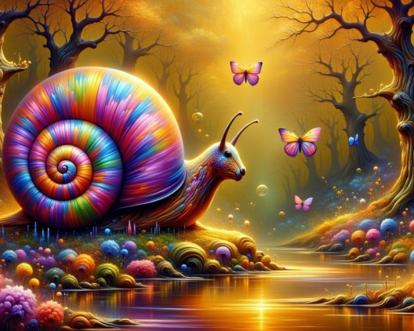 Colorful Snail in a Fantasy Forest by a River