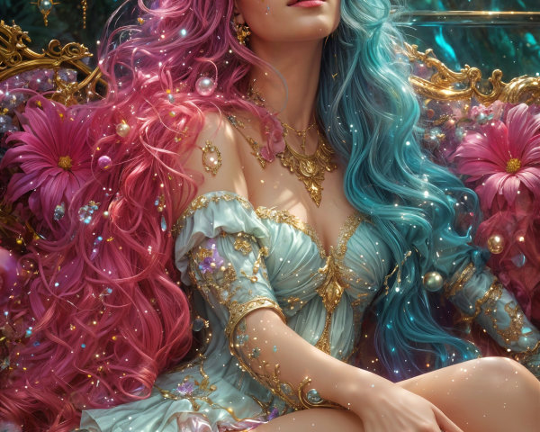 Young woman with pink and blue hair in elegant setting