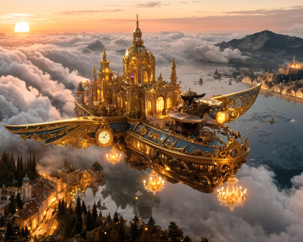 Steampunk Airship Over a Shimmering Lake at Sunset