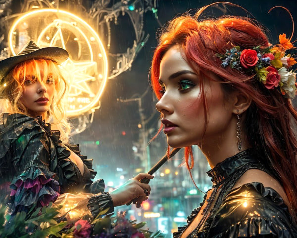 Neon Urban Scene with Two Women and Rain Effects