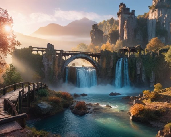 Serene Landscape with Waterfalls and Ancient Bridge
