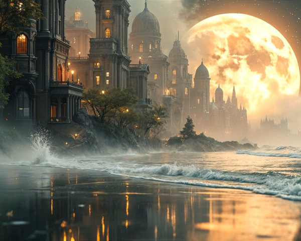Mystical Coastal Landscape with Grand Buildings and Moonlight