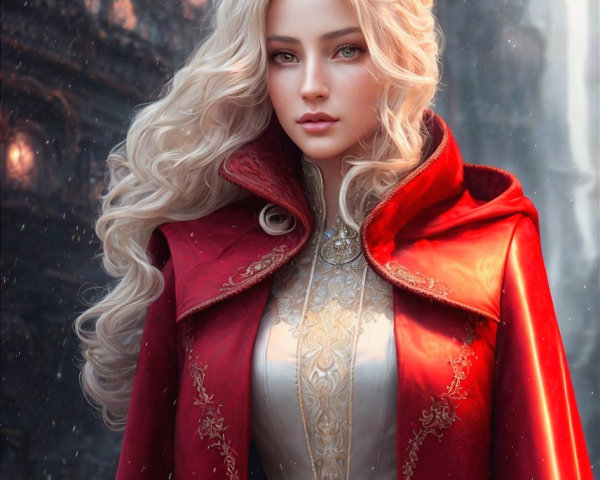 Young Woman in White Gown and Red Cape in Gothic Setting