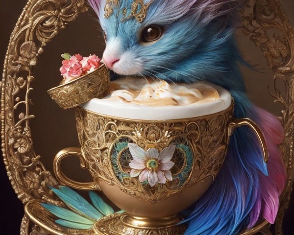 Colorful Cat in Golden Teacup with Cream and Flowers