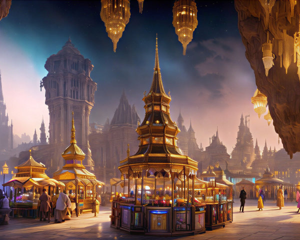 Fantasy Landscape with Ancient City and Twilight Sky