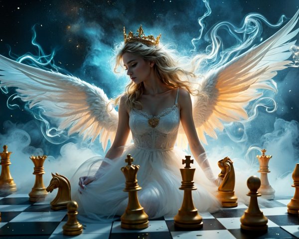 Serene Figure with Wings on a Chessboard Scene