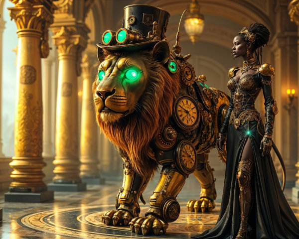 Regal Woman and Steampunk Lion in Opulent Hall