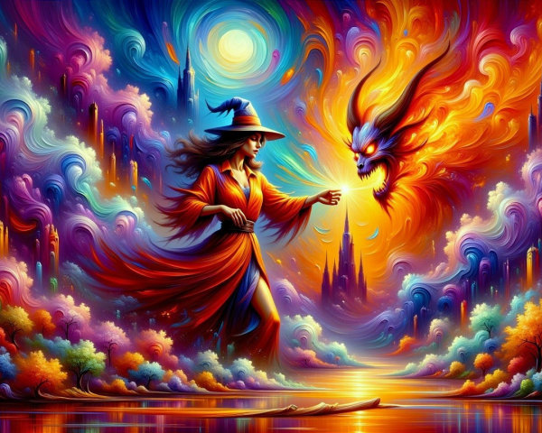 Sorceress Casting Spells in a Colorful Fantasy Scene