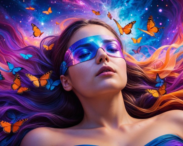 Serene Woman with Butterflies in Cosmic Setting