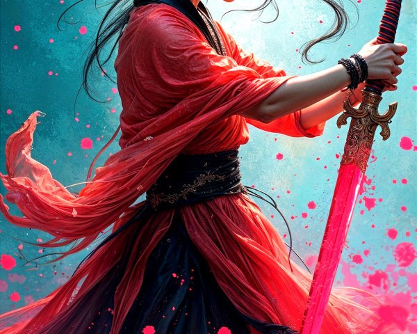 Warrior in Red and Black Garment with Shimmering Sword