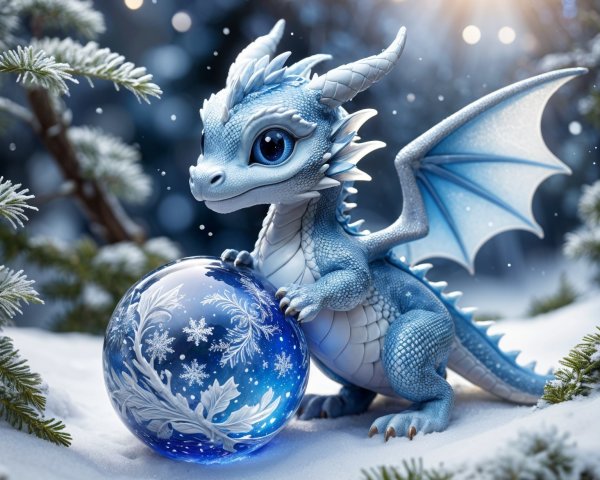 Blue dragon with glass ornament in snowy landscape