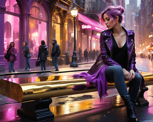 Young Woman with Purple Hair in Urban Setting