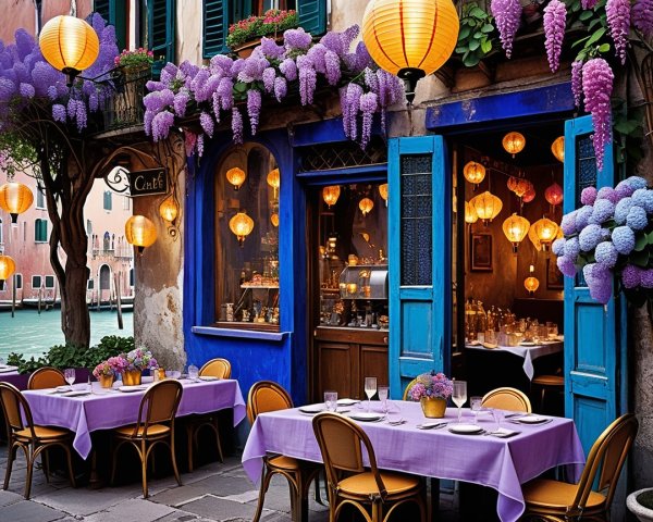 Charming Canal Café with Wisteria and Lanterns