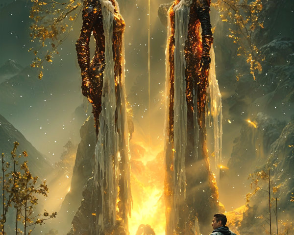 Surreal Landscape with Golden Figures and Moonlight