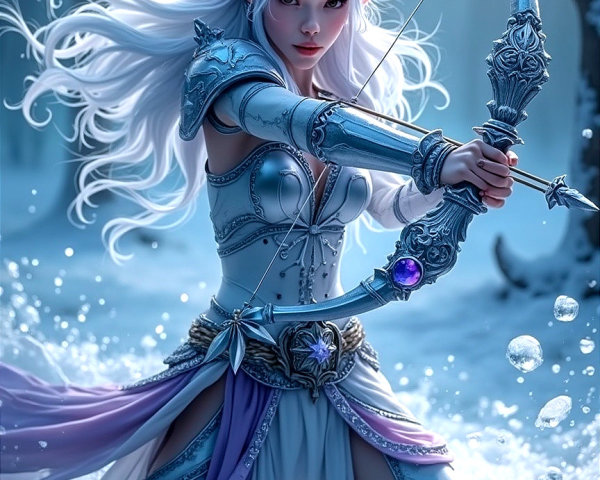 Ethereal Elf in Snowy Forest with Bow and Armor