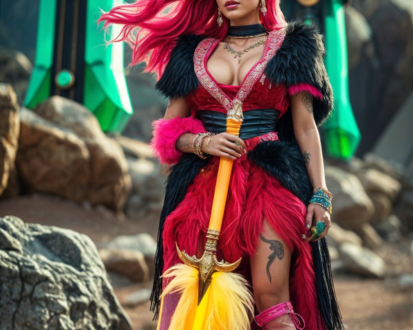 Fierce warrior in red and black outfit with yellow sword