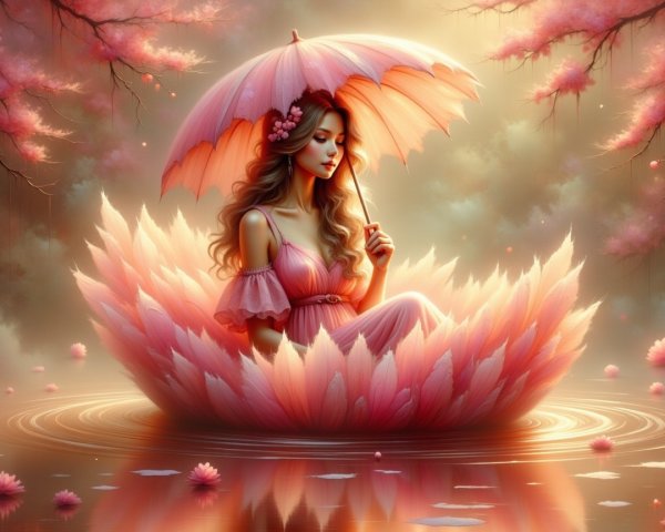 Young Woman in Lotus Flower Surrounded by Calm Waters